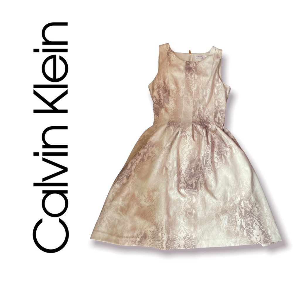 Calvin Klein Snake Print Fit and Flare Scuba Dress-CREAM, WHITE, GREY